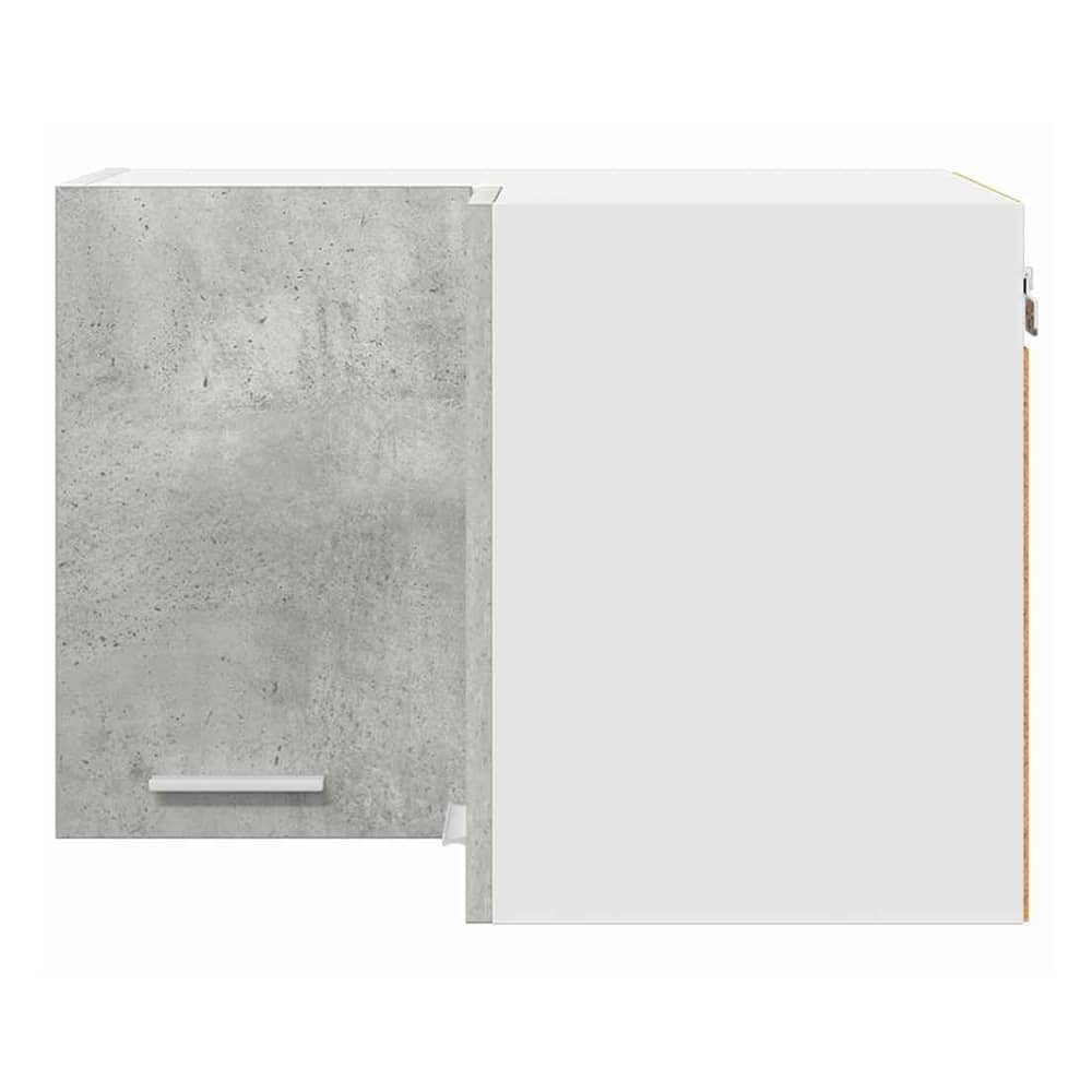 Corner kitchen cabinet with concrete grey door and white side, viewed from the right
