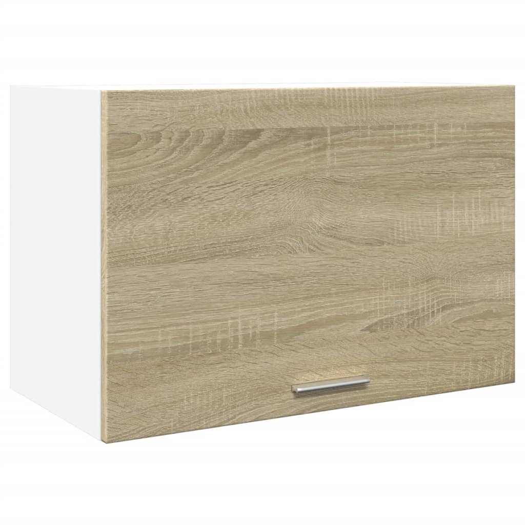 The hanging kitchen cabinet with a single door and handle, showing the wood grain effect