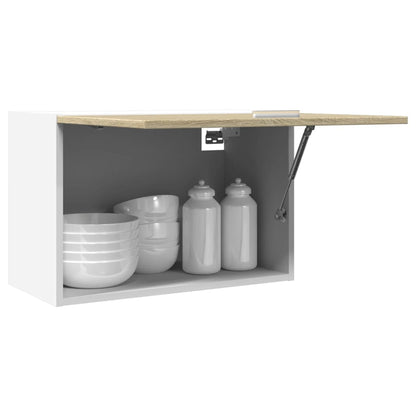 The open hanging kitchen cabinet revealing its contents and lifting mechanism