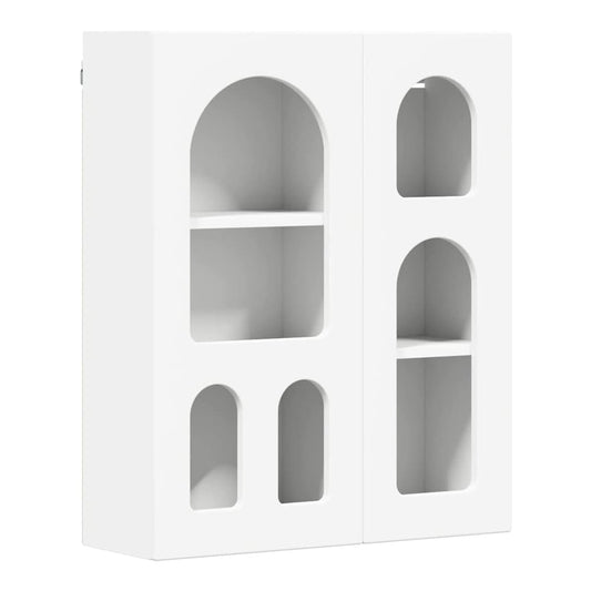 white hanging cabinet with arched openings and internal shelves, front view