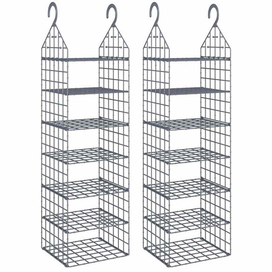 Two grey hanging closet organisers with seven shelves each, displayed side by side
