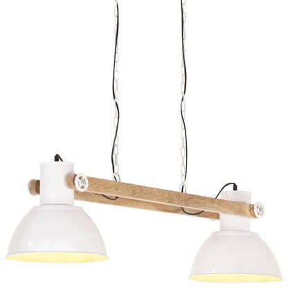 The industrial hanging lamp with its two white shades angled downwards