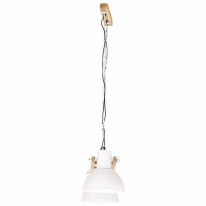 A close-up of one of the white lamp shades of the industrial hanging lamp