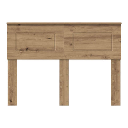 The engineered wood headboard has a light oak finish and two legs