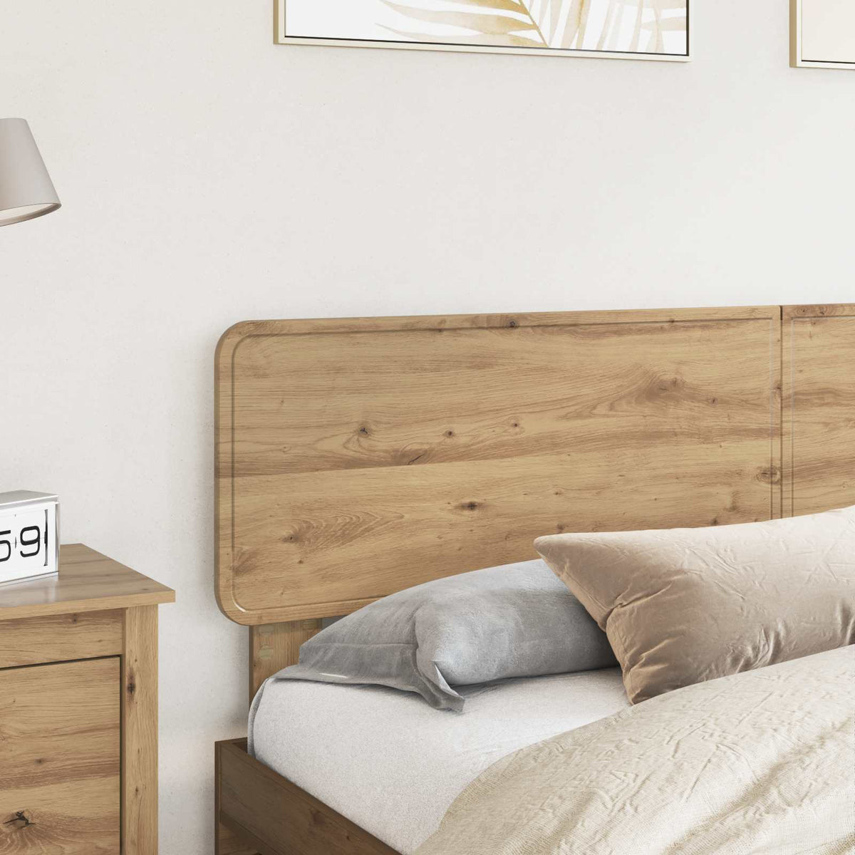 Close-up of the vidaXL Headboard Artisan Oak Engineered wood in a bedroom setting