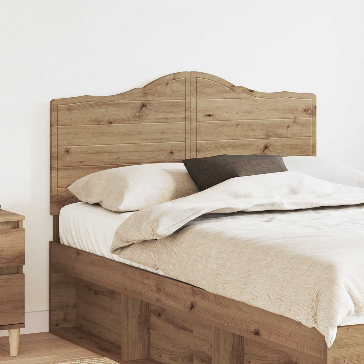 vidaXL Headboard Artisan Oak Engineered wood attached to a bed frame in a bedroom setting