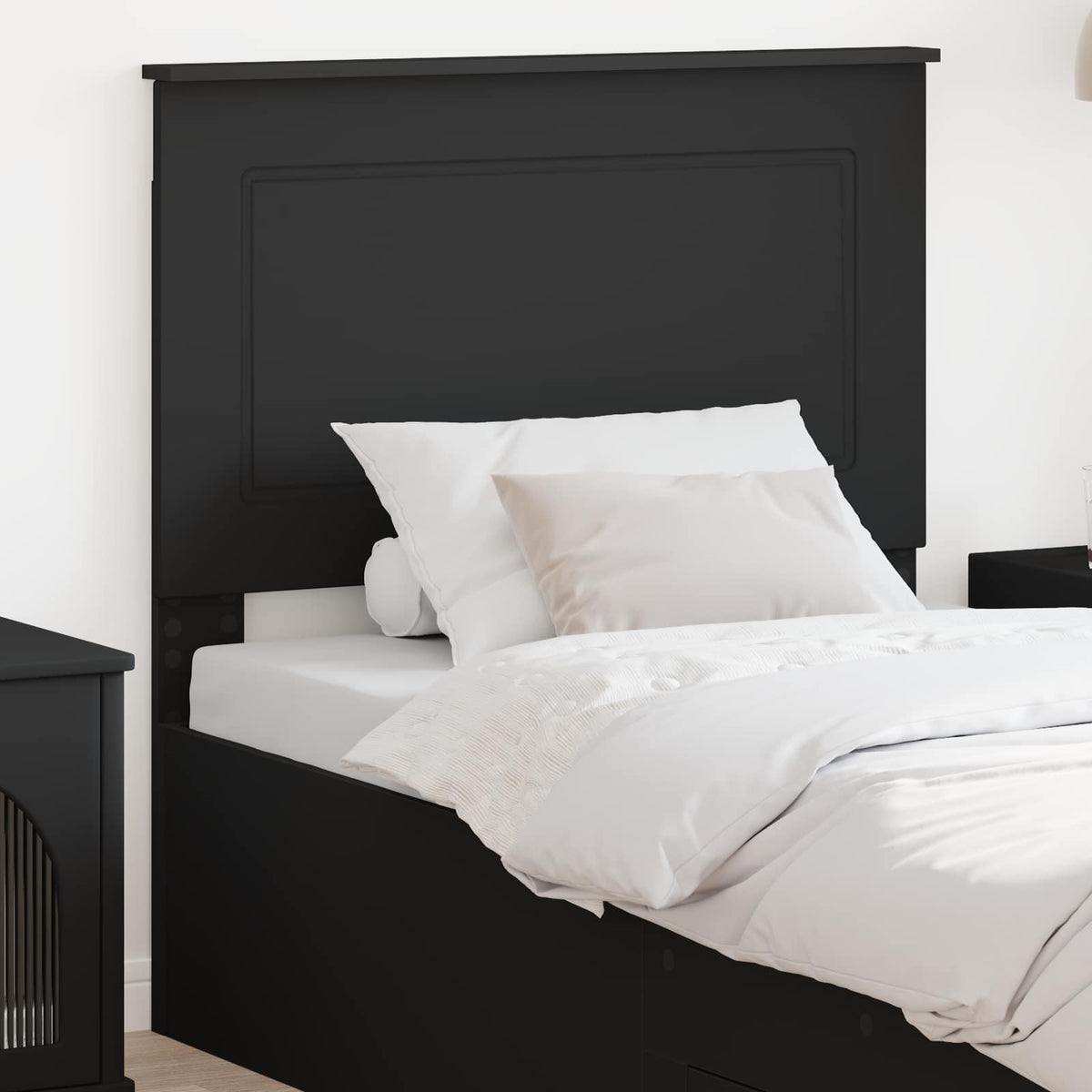 vidaXL Headboard Black Oak 100 cm Engineered Wood attached to a bed with pillows