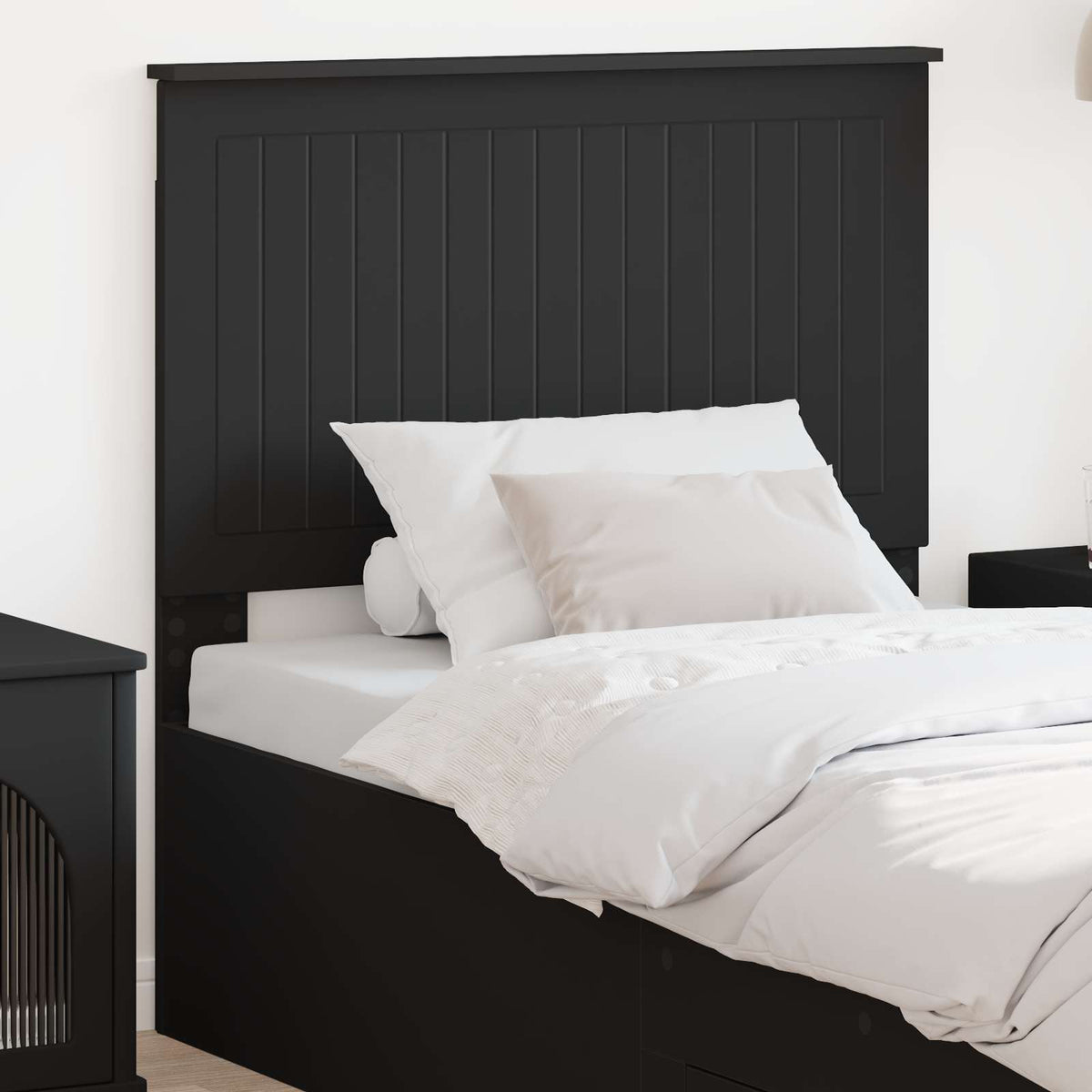 vidaXL Headboard Black Engineered wood attached to a bed with white bedding