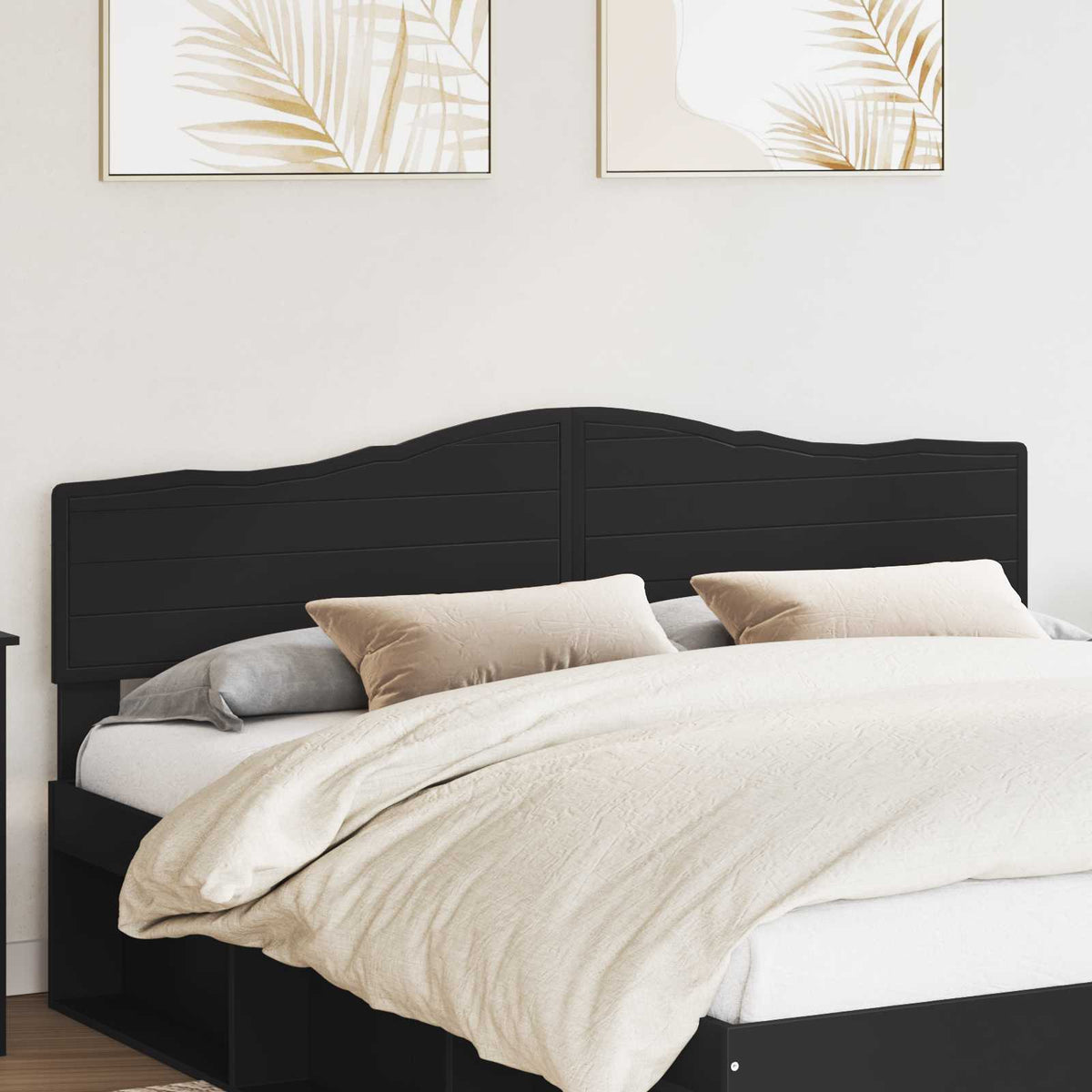 vidaXL Headboard Black Oak Engineered wood mounted behind a bed with pillows in a bedroom