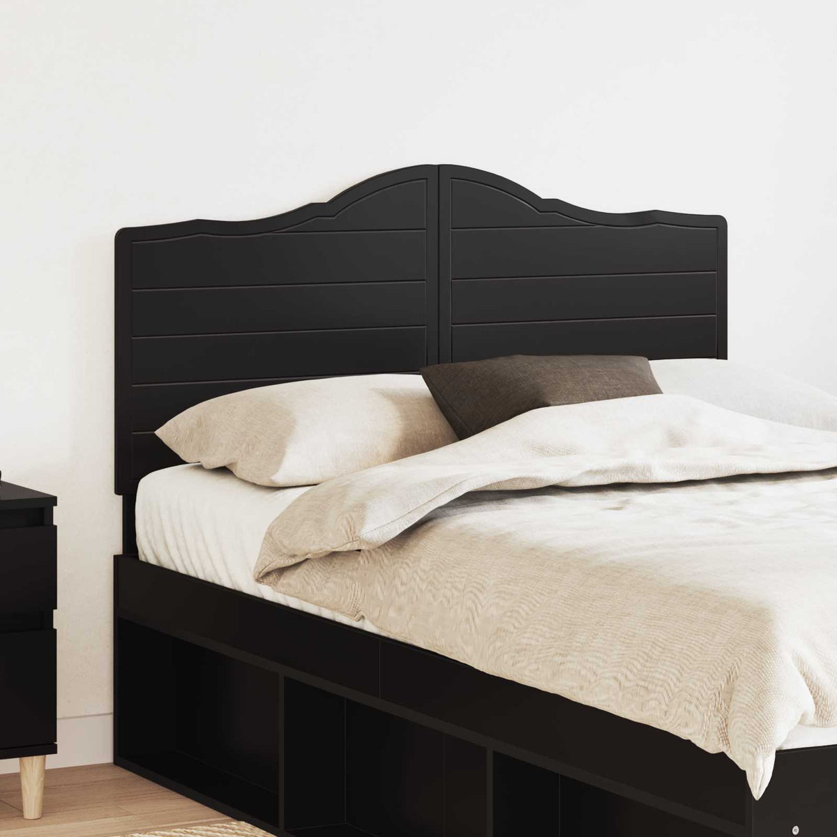 vidaXL Headboard Black Oak Engineered wood attached to a bed frame with storage