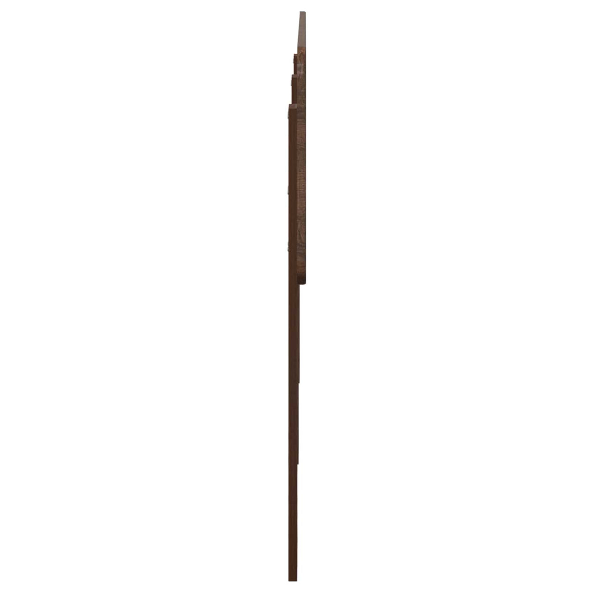 The brown oak headboard from the side, showing its slim profile