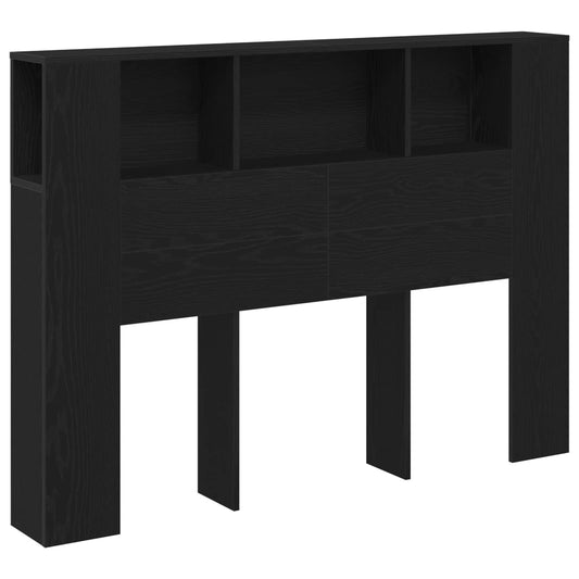 black oak headboard cabinet with open shelves and two doors