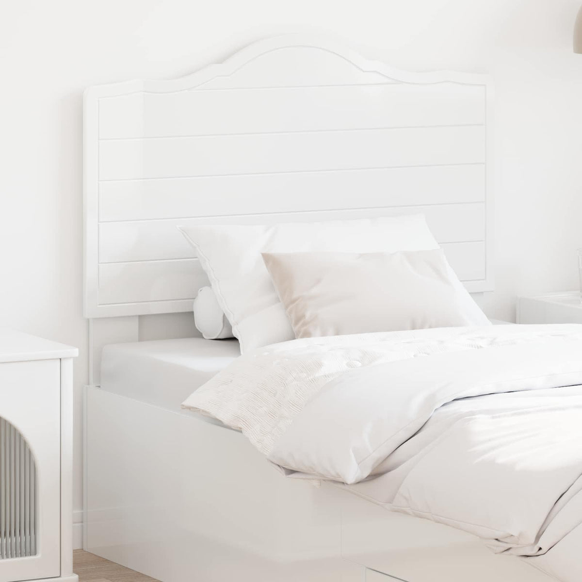 vidaXL Headboard Gloss White Engineered wood attached to a bed with white bedding