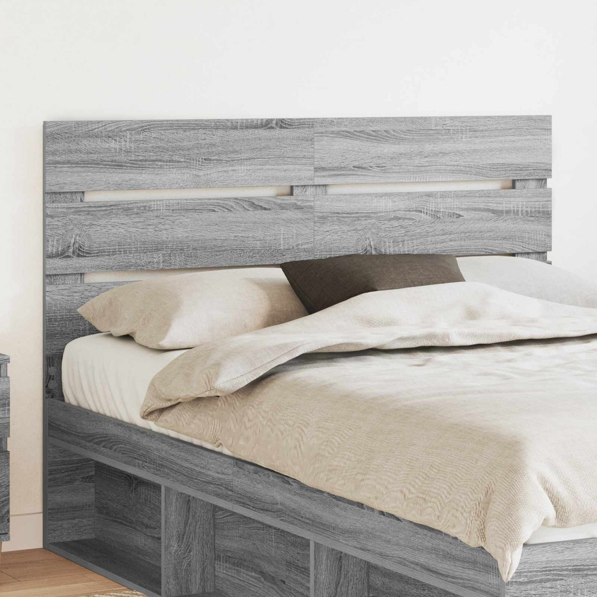 vidaXL Headboard Grey Sonoma Engineered Wood attached to a bed with storage underneath