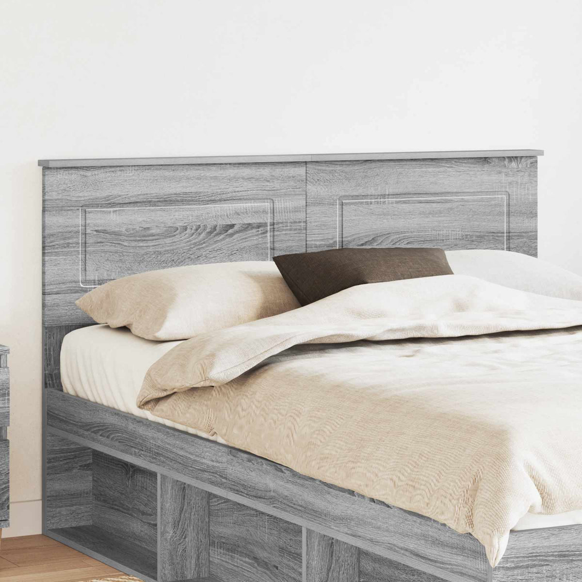 vidaXL Headboard Grey Sonoma Engineered wood attached to a bed with storage