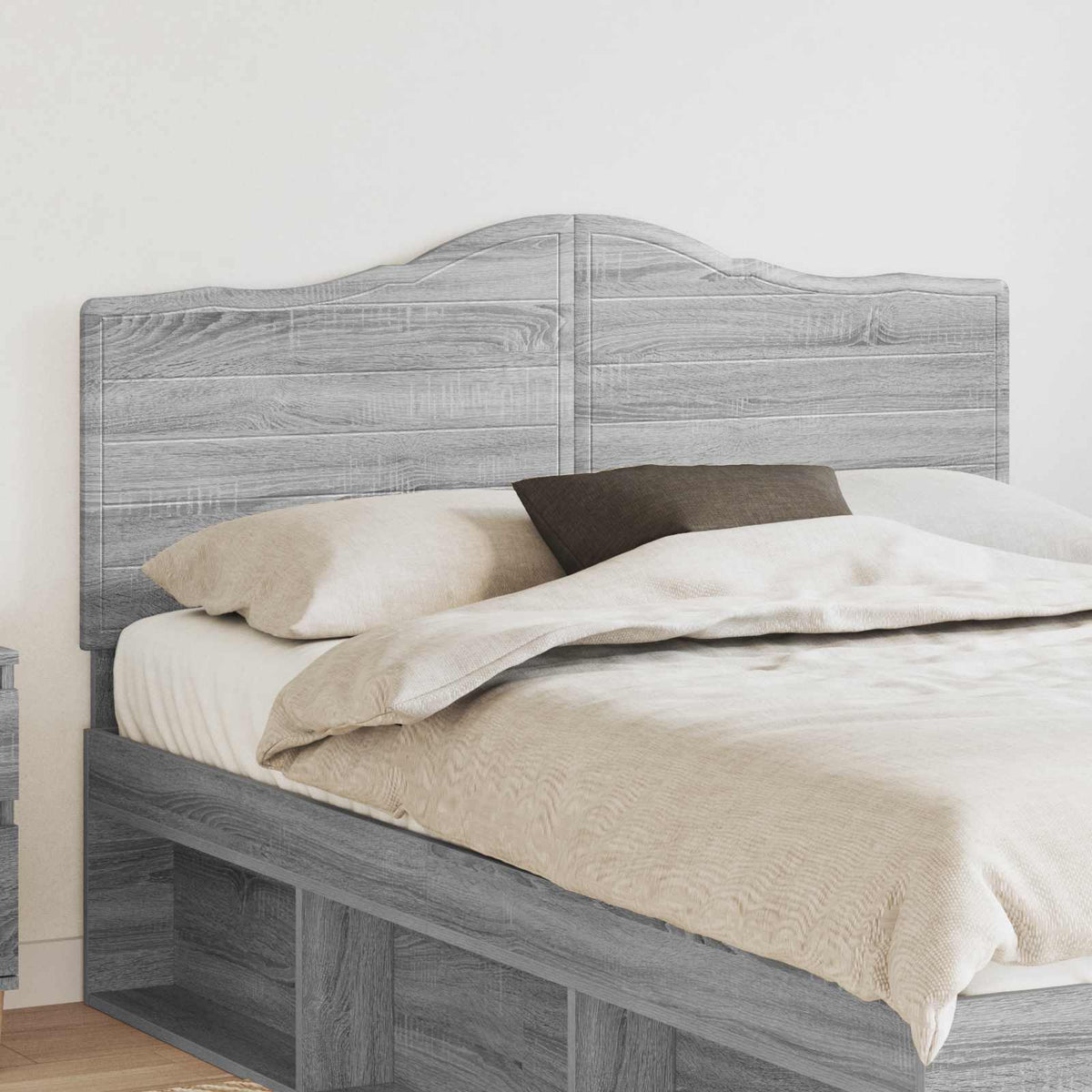vidaXL Headboard Grey Sonoma Engineered wood attached to a bed frame in a bedroom