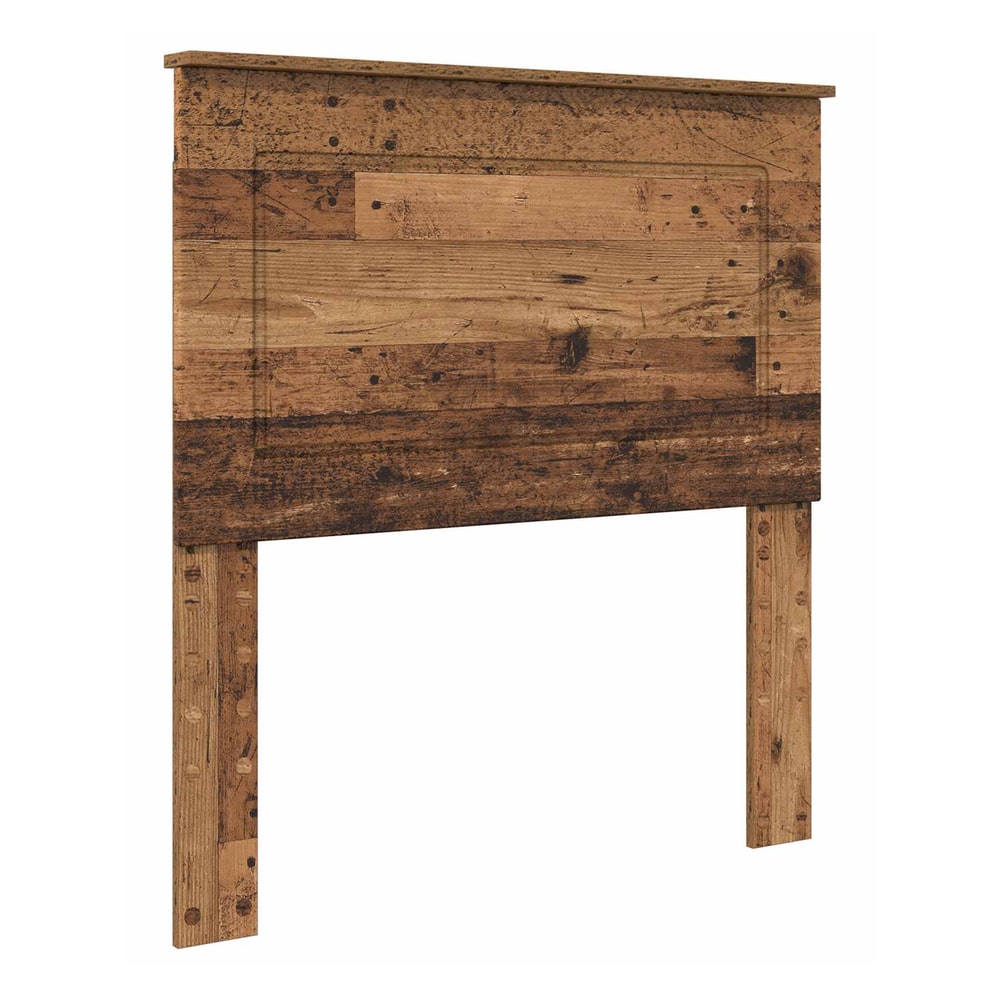 The rustic wooden headboard is made of engineered wood with a plank effect