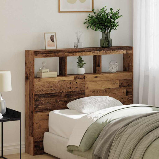 vidaXL Headboard Old Wood Engineered Wood attached to a bed with shelves above