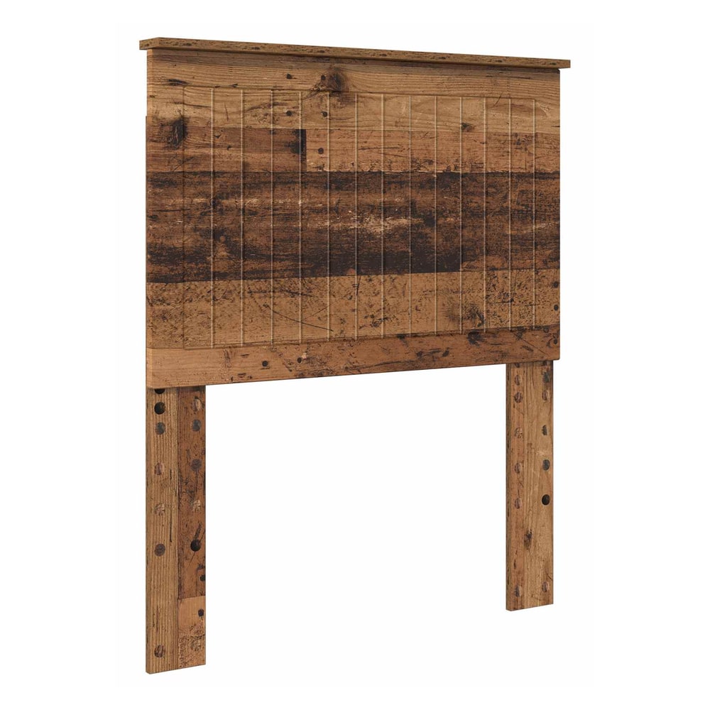 The old wood effect headboard is made of engineered wood with a rustic finish
