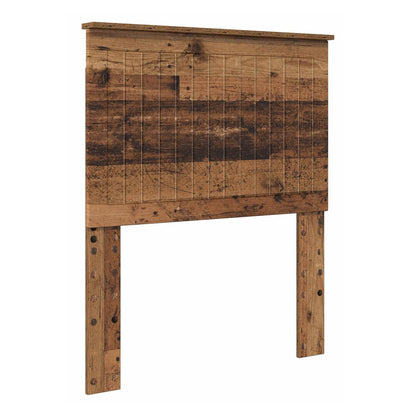The old wood effect headboard is made of engineered wood with a rustic finish