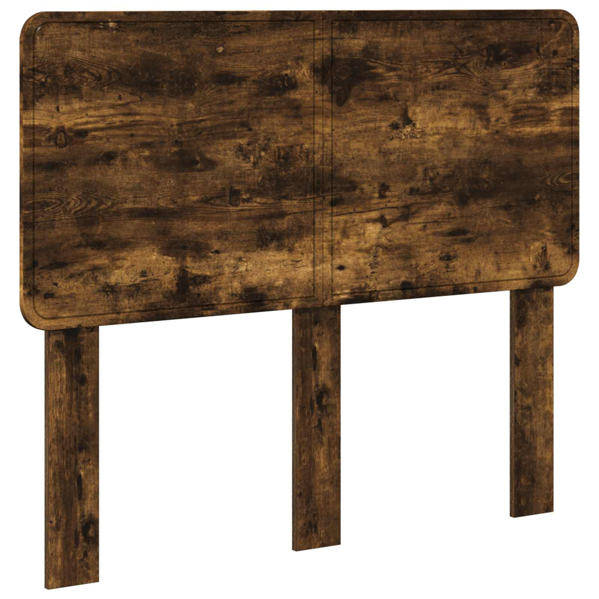 The headboard featuring a dark wood grain finish and three vertical support legs