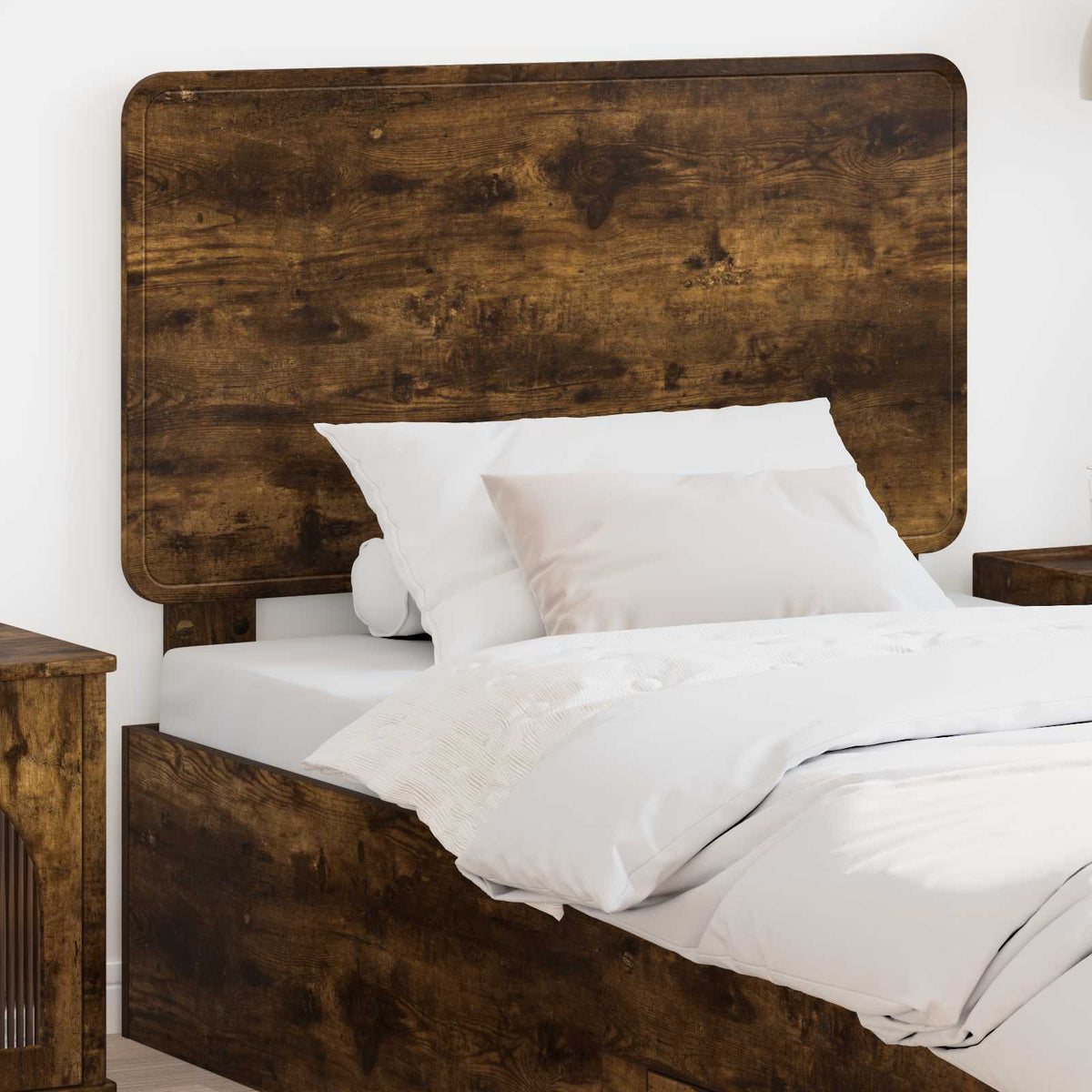 vidaXL Headboard Smoked Oak Engineered wood, a wooden headboard attached to a bed