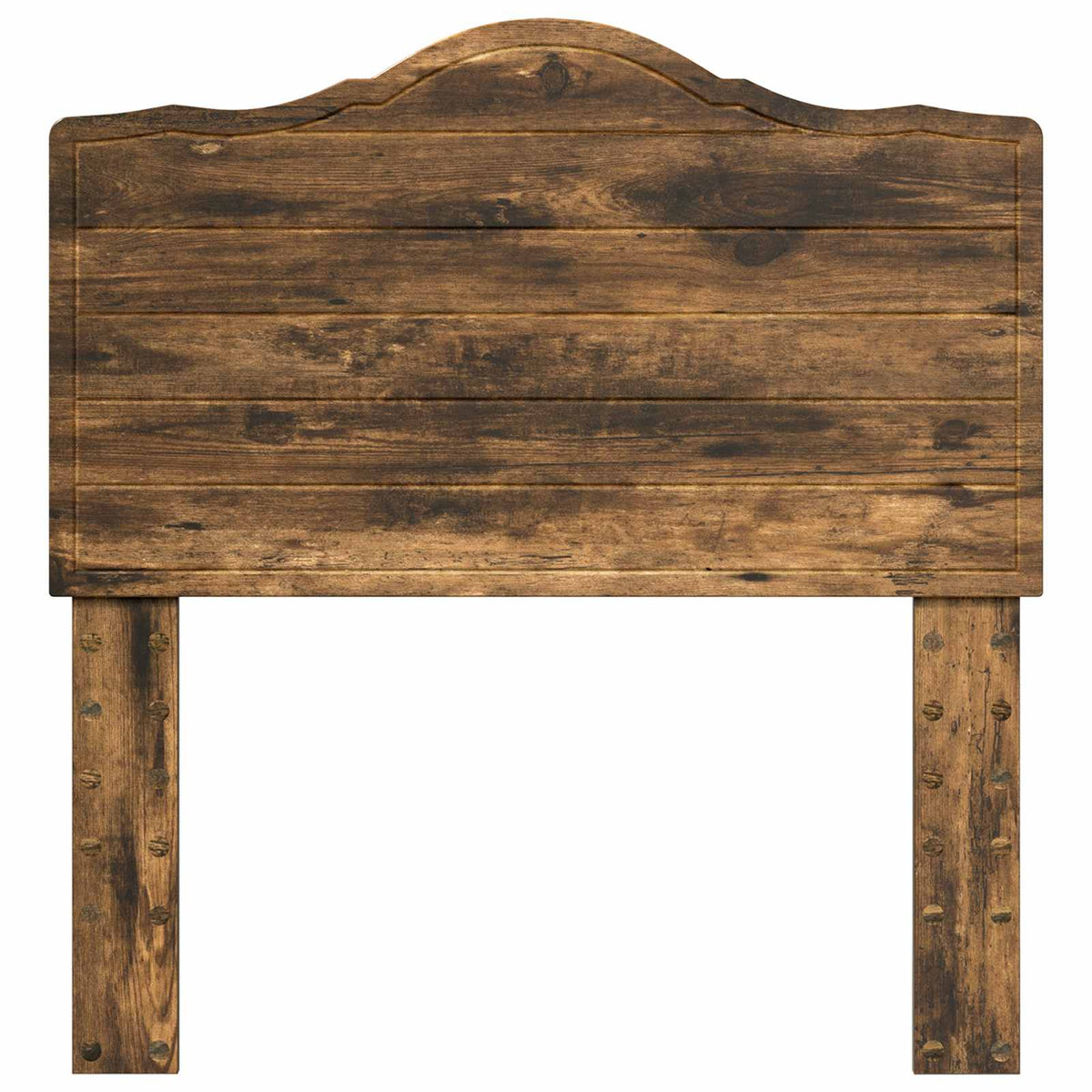 This headboard has a rustic plank design with a curved top edge and wooden posts