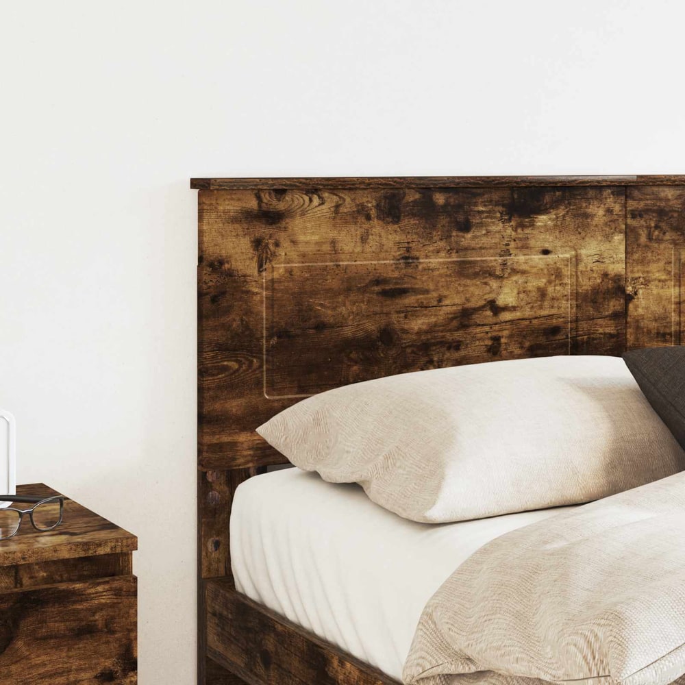 Close-up of the smoked oak engineered wood headboard showing wood grain detail