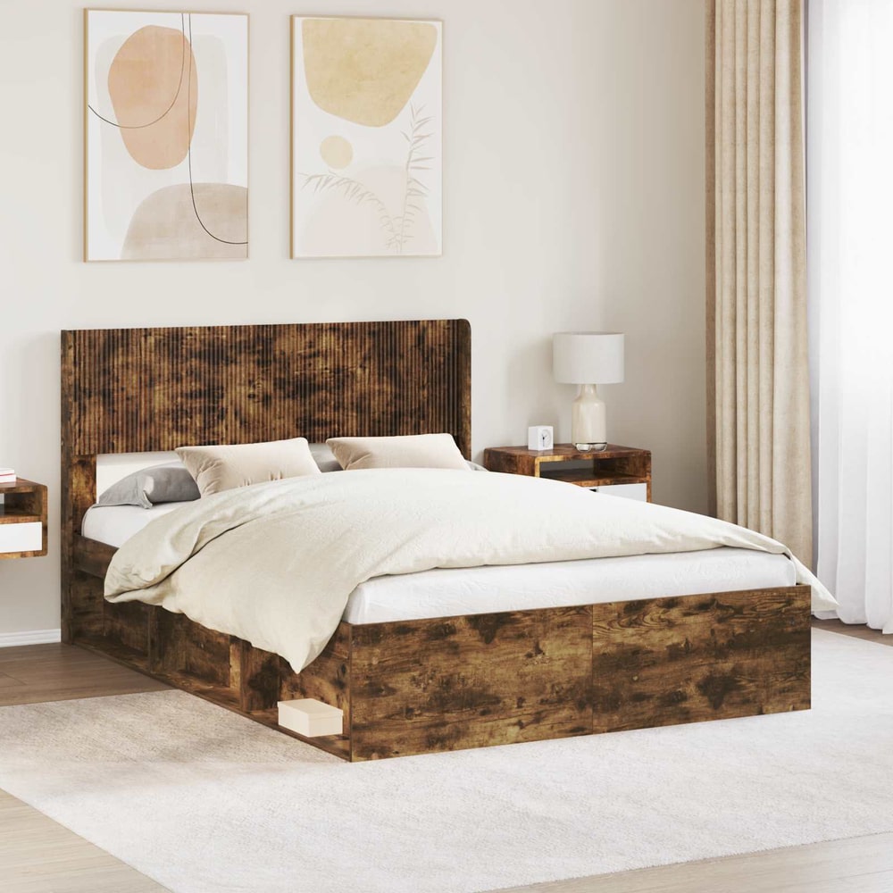 vidaXL Headboard Smoked Oak PB in a bedroom setting with a bed and bedside tables