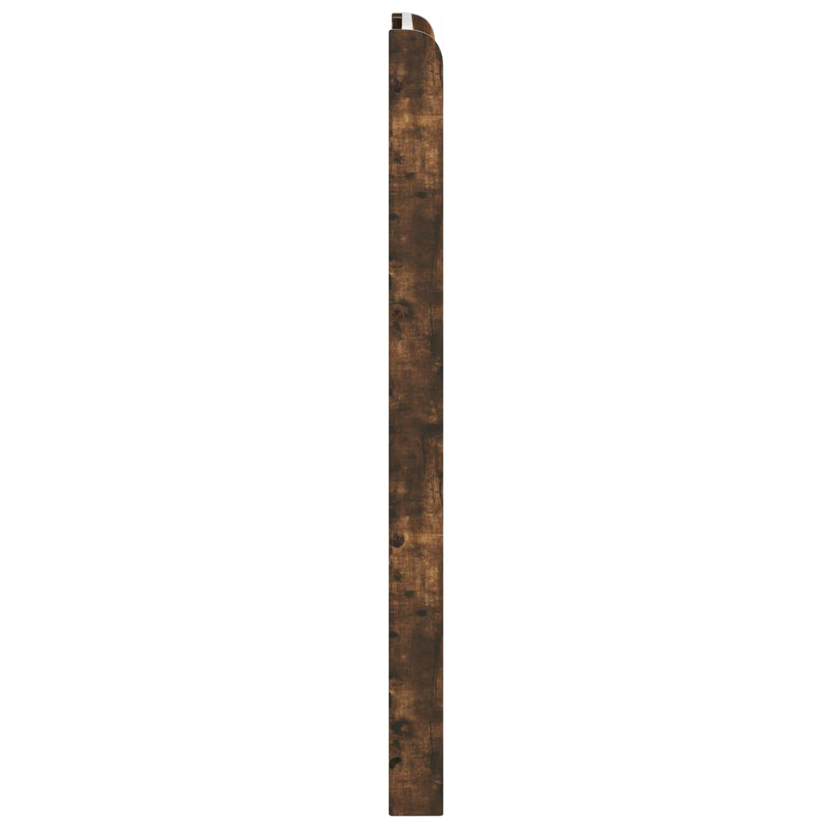 The thin side profile of the wooden headboard showing its dark textured finish