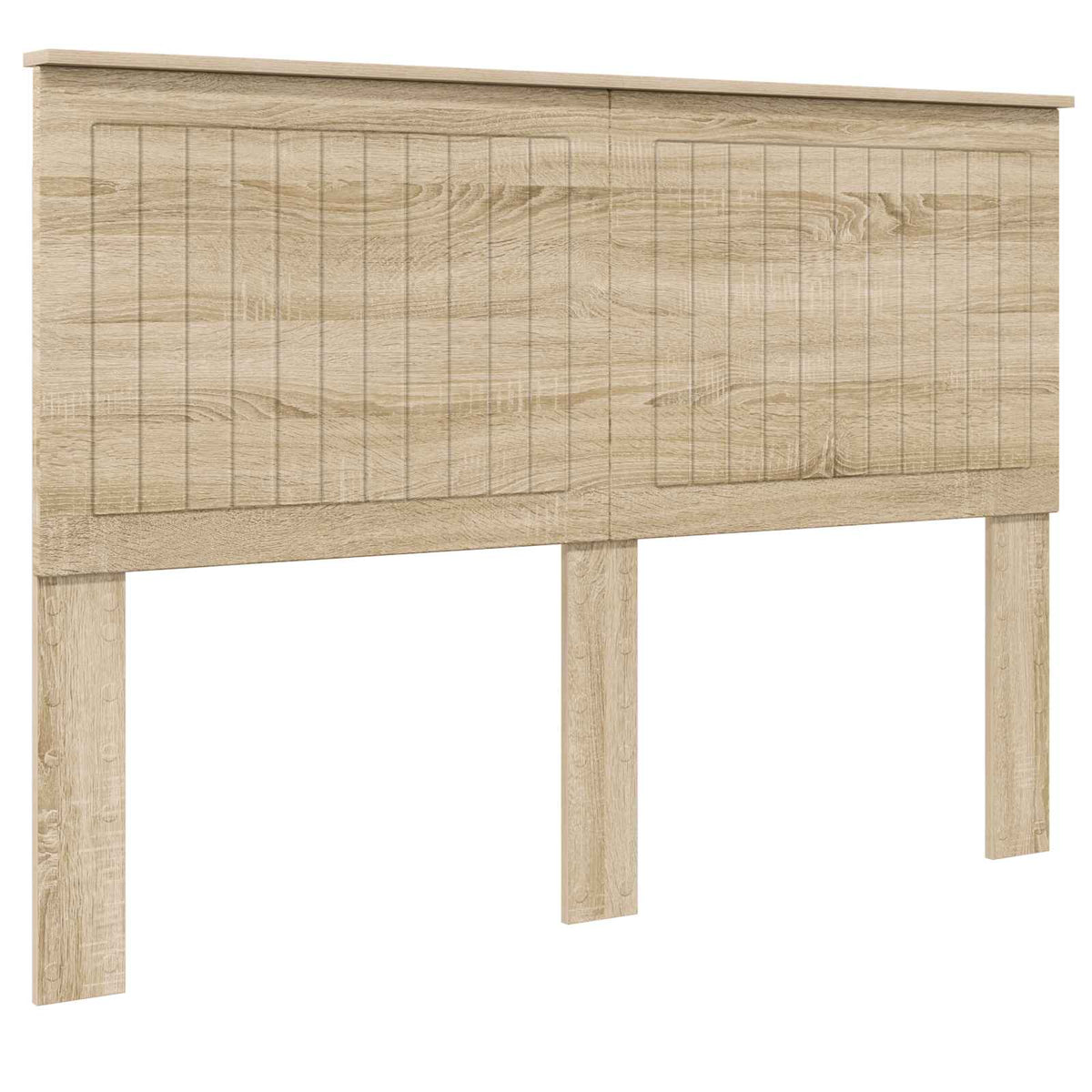 The headboard showing the wood grain finish and vertical panel detailing from an angle