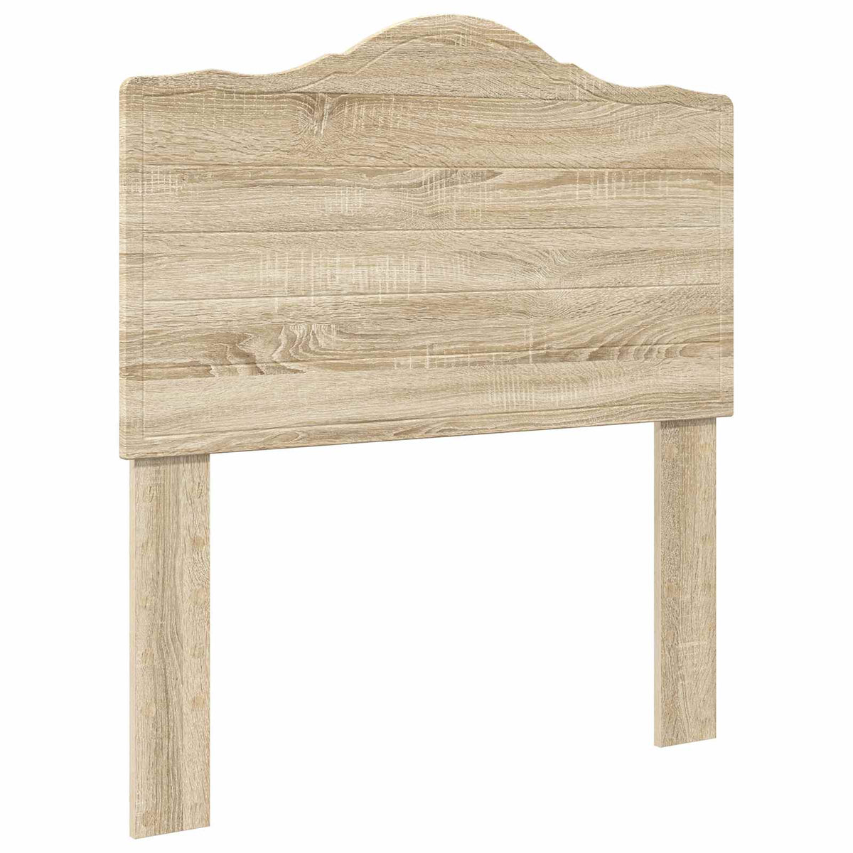 The wooden headboard has a decorative curved top edge and two vertical support legs
