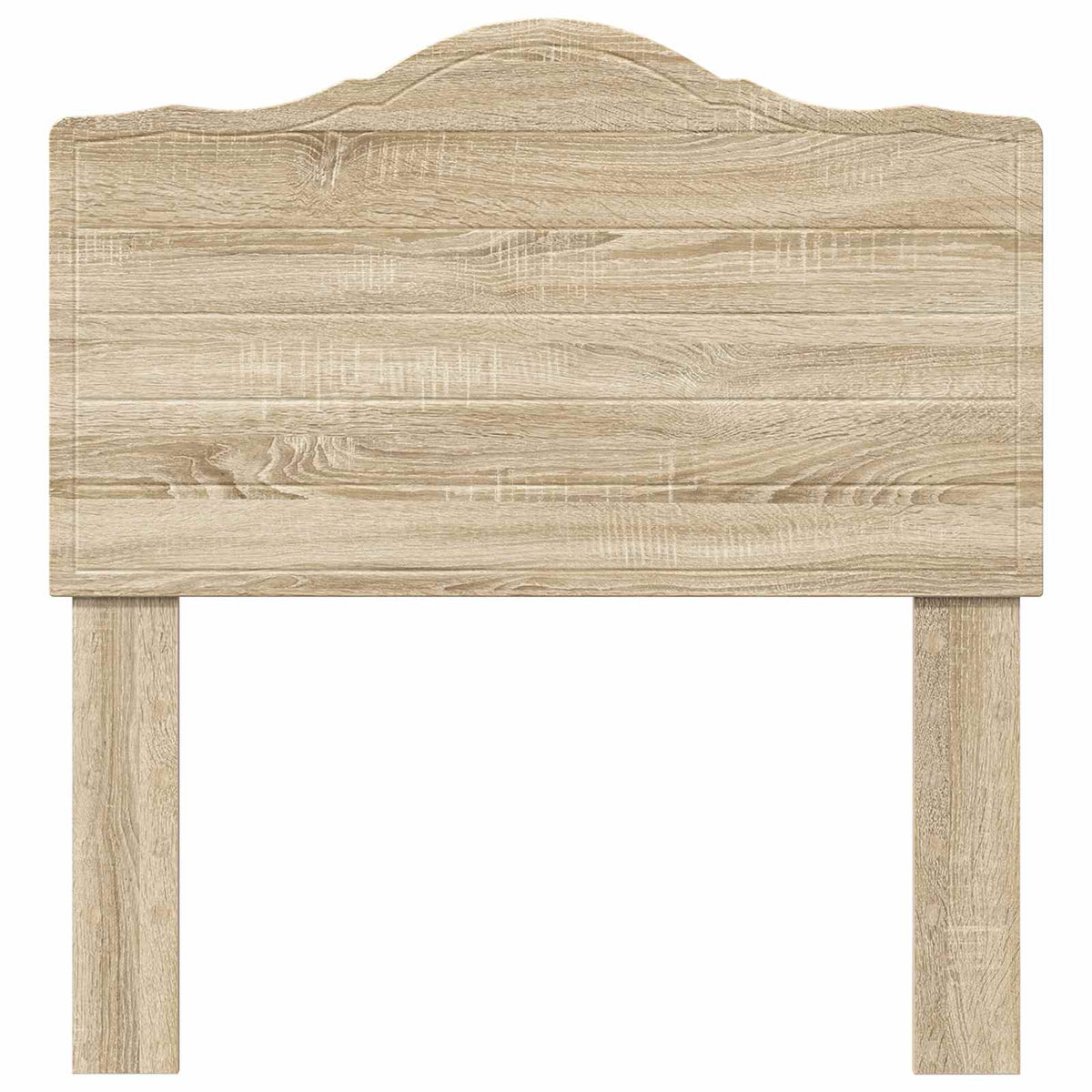 The headboard is a light wood effect with a curved top and two legs