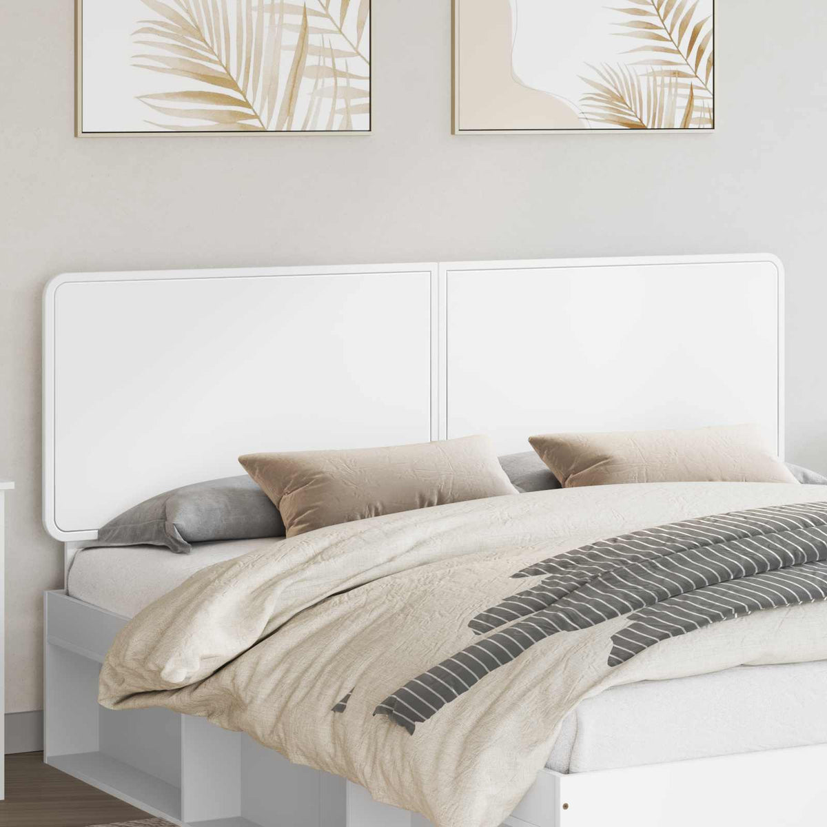 vidaXL Headboard White Engineered wood shown in a bedroom setting with pillows and bedding