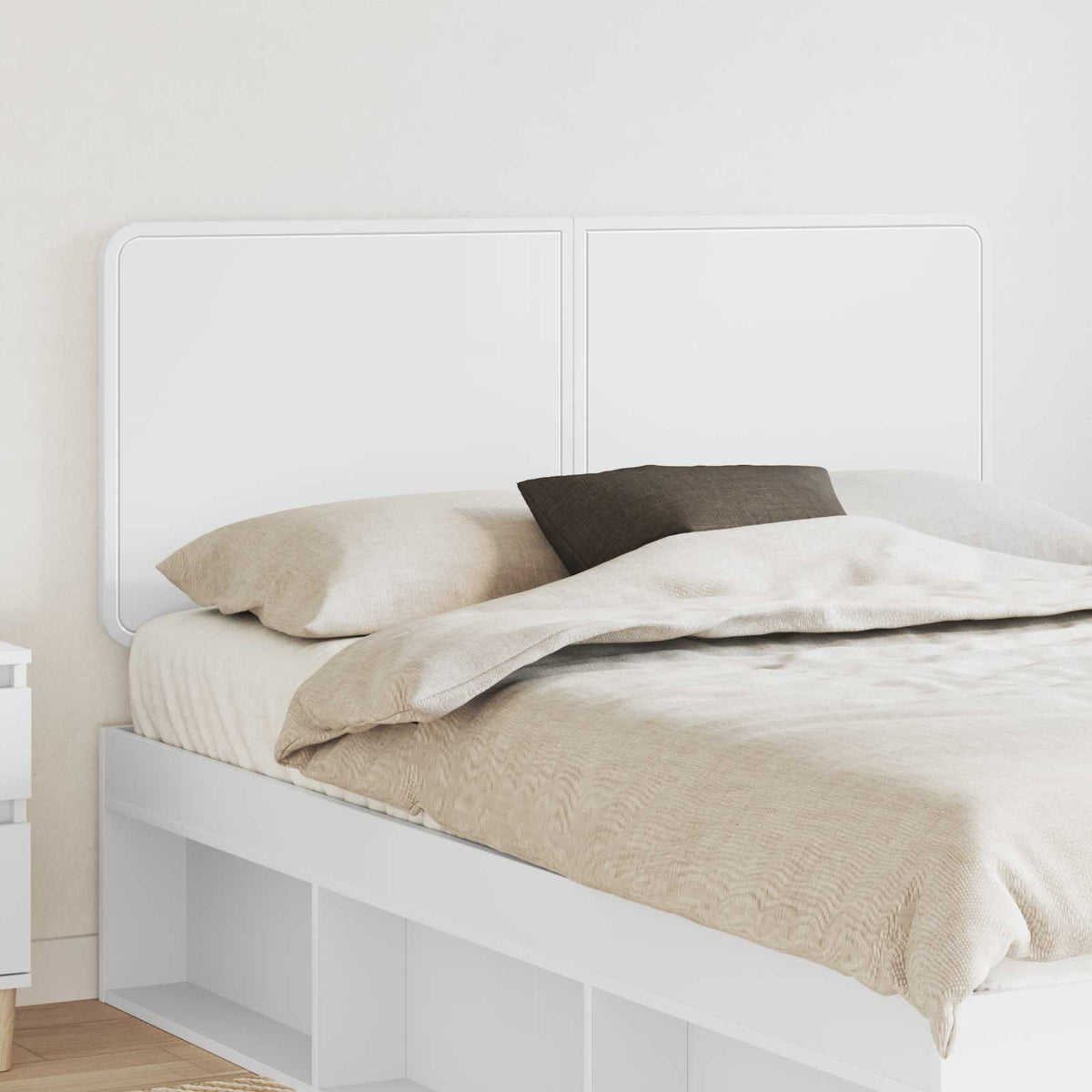 vidaXL Headboard White Engineered wood, a simple white headboard with two panels on a bed