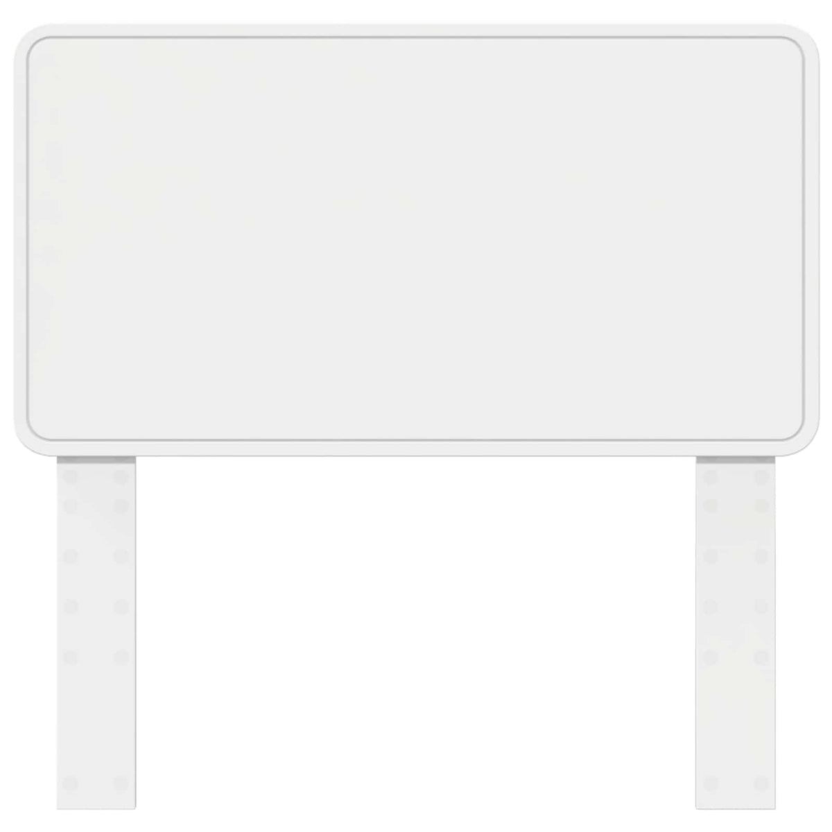 White engineered wood headboard with two support legs shown from front