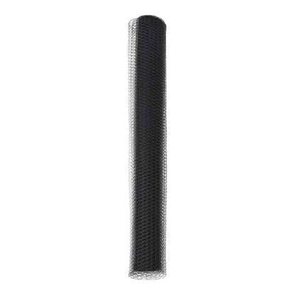 A roll of grey hexagon fence netting standing upright