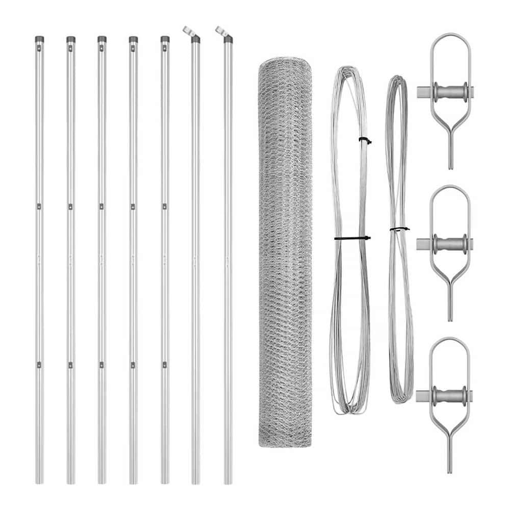 the fence panels shown as a collection of metal posts, wire mesh roll and tensioning tools
