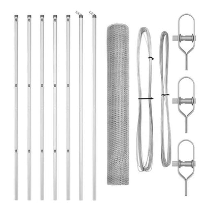 the fence panels shown as a collection of metal posts, wire mesh roll and tensioning tools
