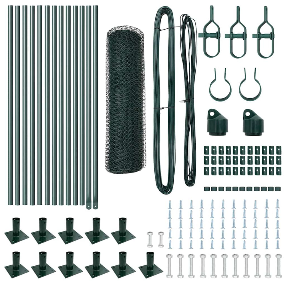 All the parts for the hexagonal fence panel kit laid out, including posts and fixings