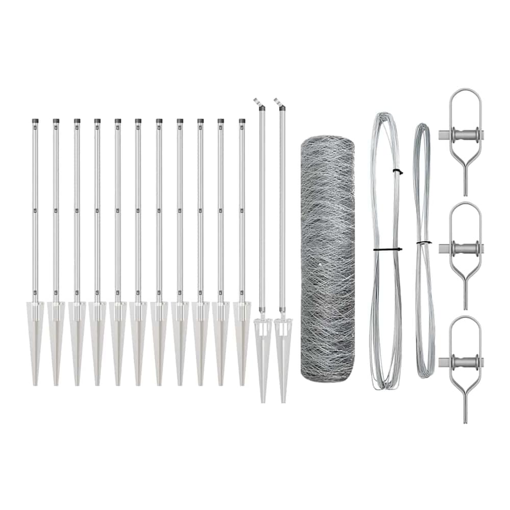 All the parts for the hexagonal fence with posts, including stakes, wire, and connectors