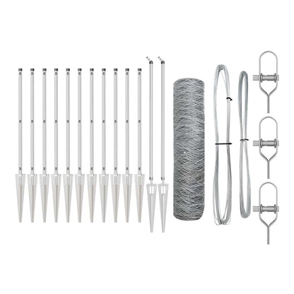 All the parts for the hexagonal fence with posts, including stakes, wire, and connectors
