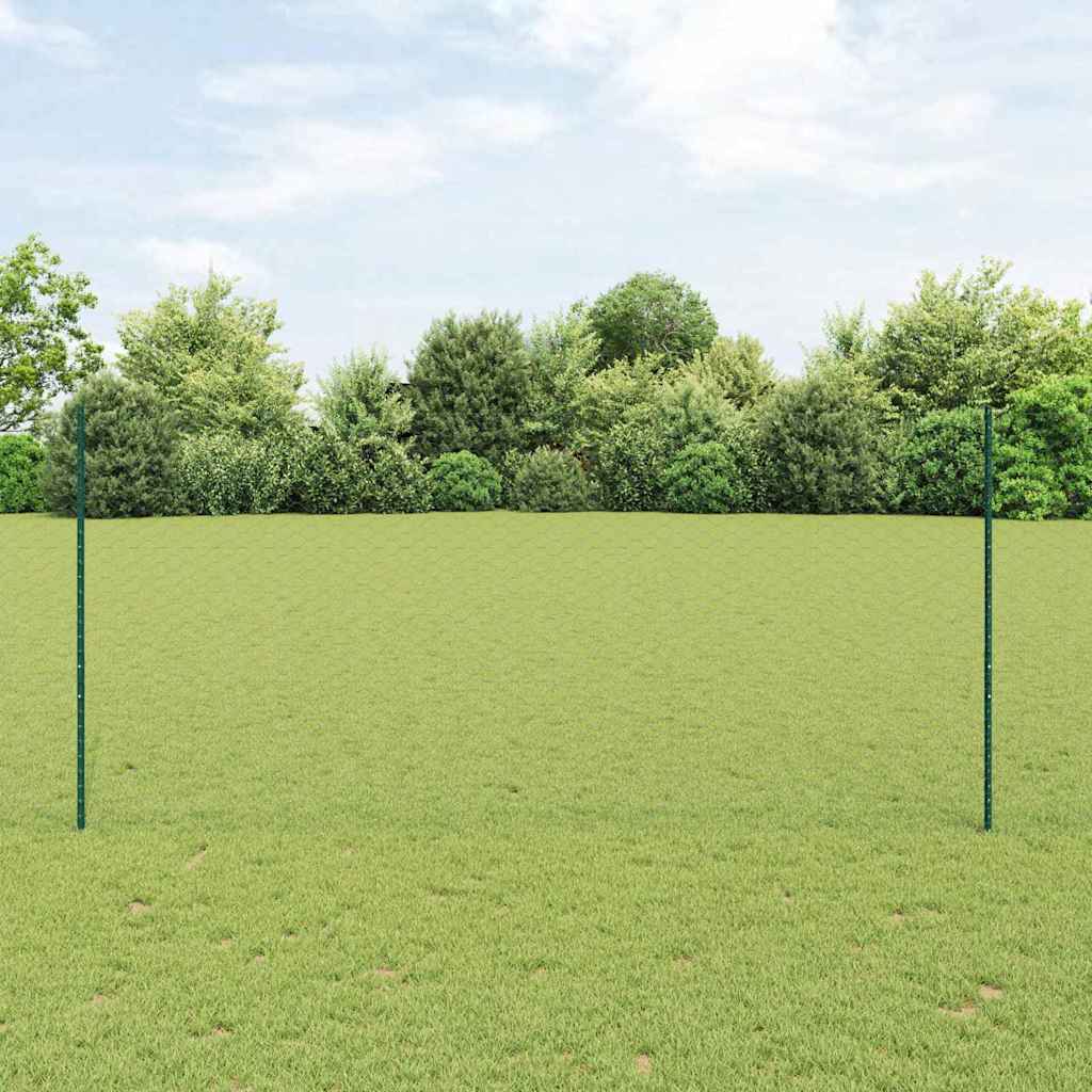 vidaXL Hexagonal Fence with Post PVC-Coated Steel Green installed in a grassy garden setting