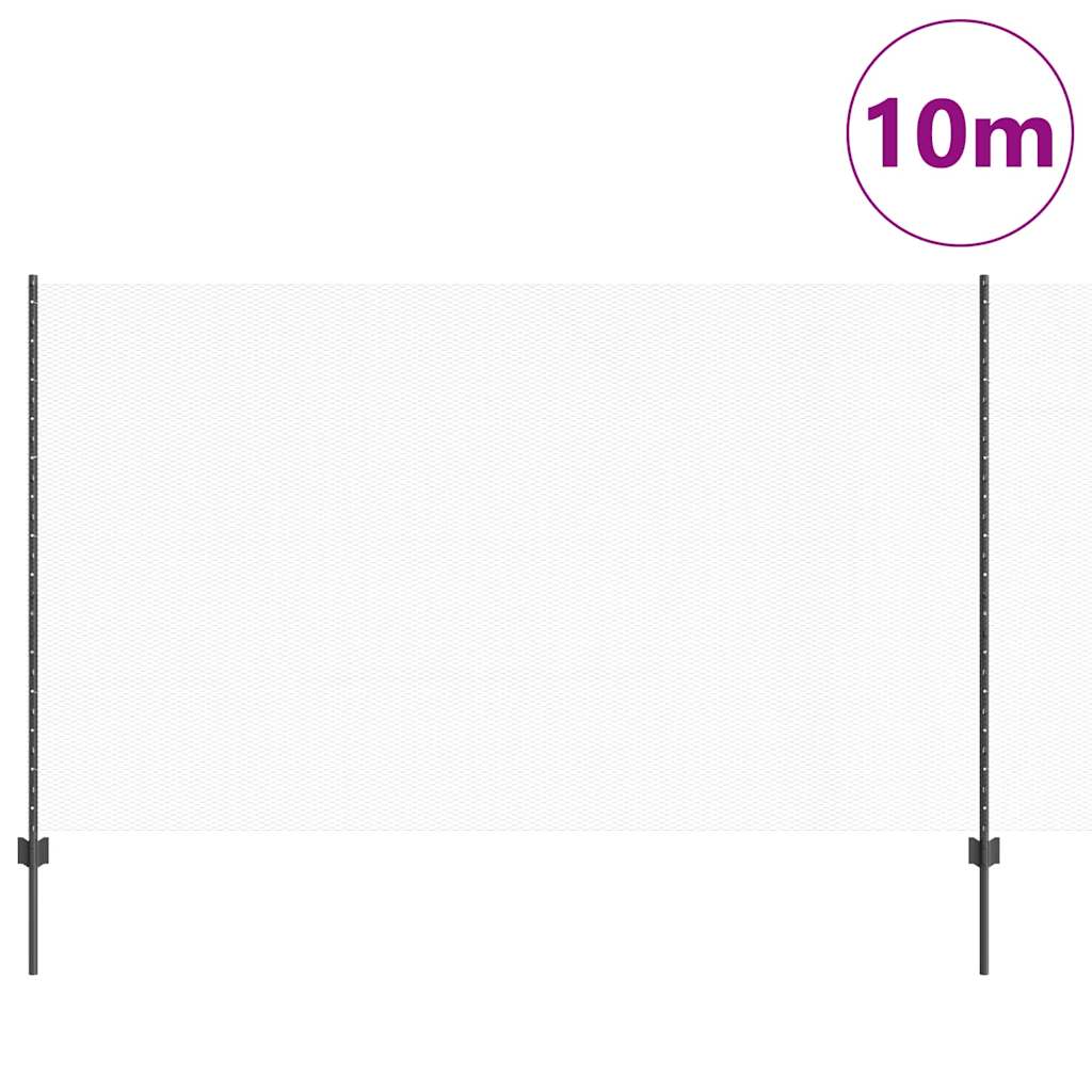 the hexagonal fence panel, a grey mesh stretched between two posts with a circle indicating 10m length