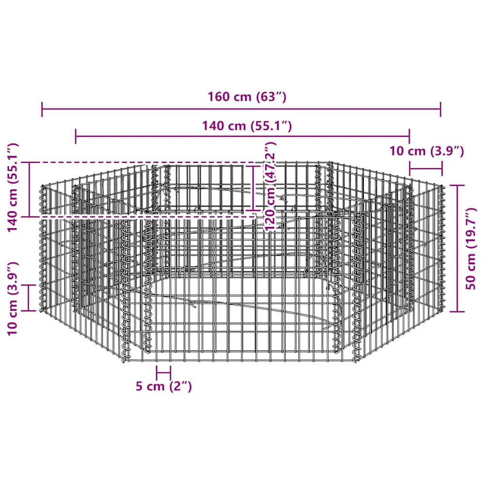 Diagram showing the dimensions of the hexagonal gabion raised bed