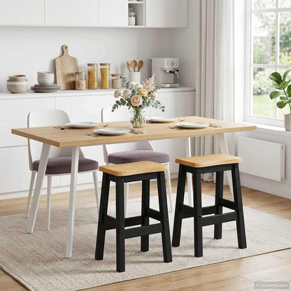 vidaXL High Bar Stool EKAI 2 pcs Black Solid Pine Wood in a kitchen setting with a dining table