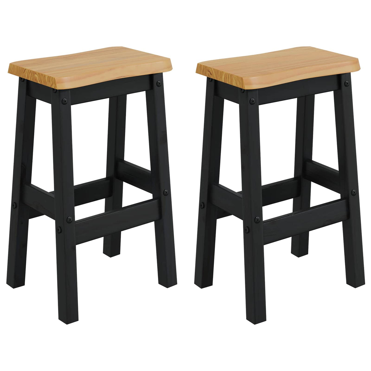 Two black bar stools with natural wood seats, shown together against a white background