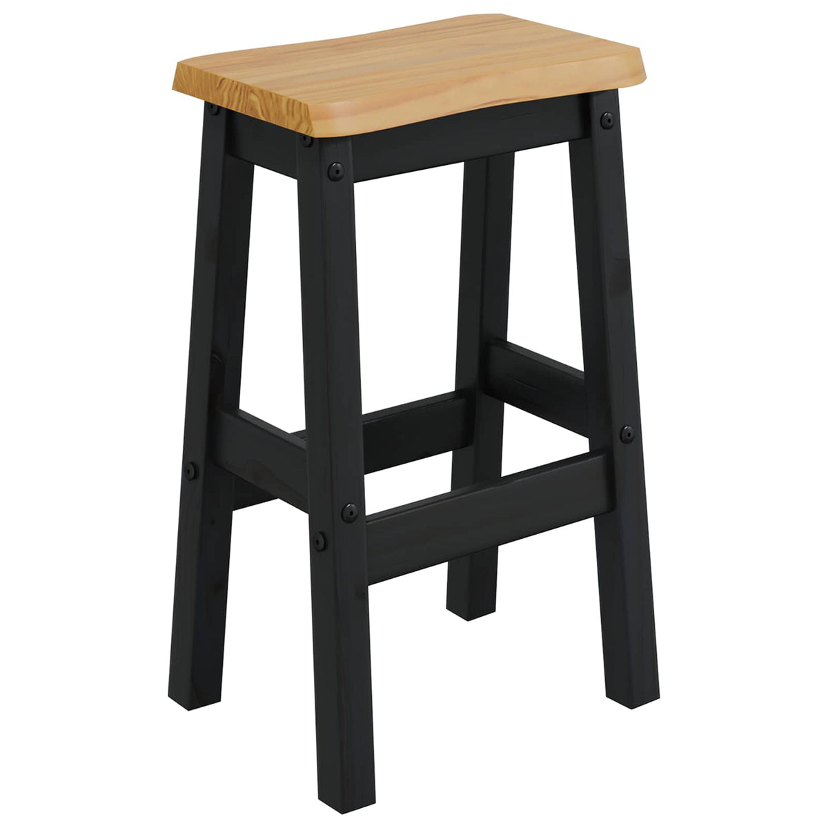 A single black bar stool with a natural wood seat, shown from the front