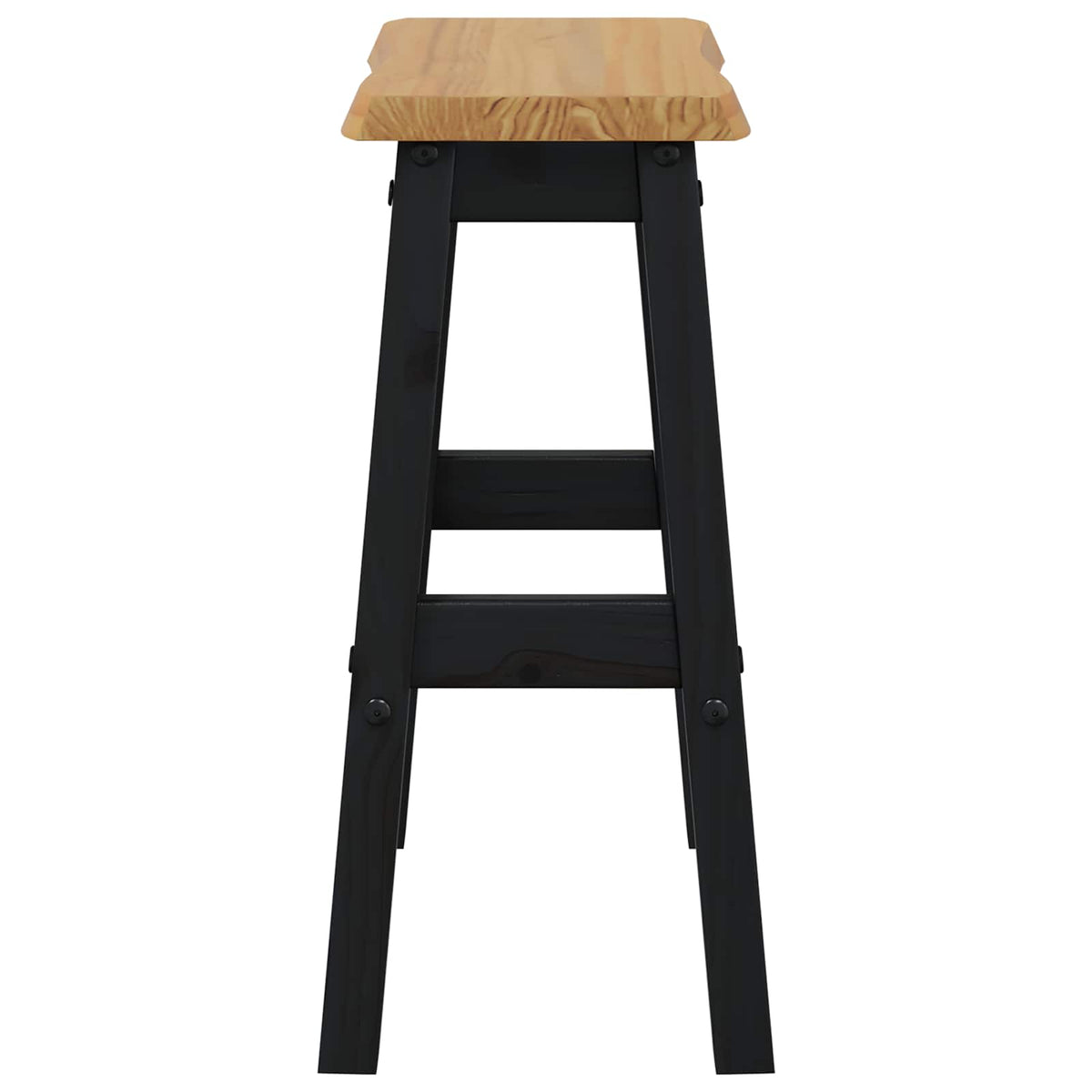 A black bar stool with a natural wood seat, viewed from the side