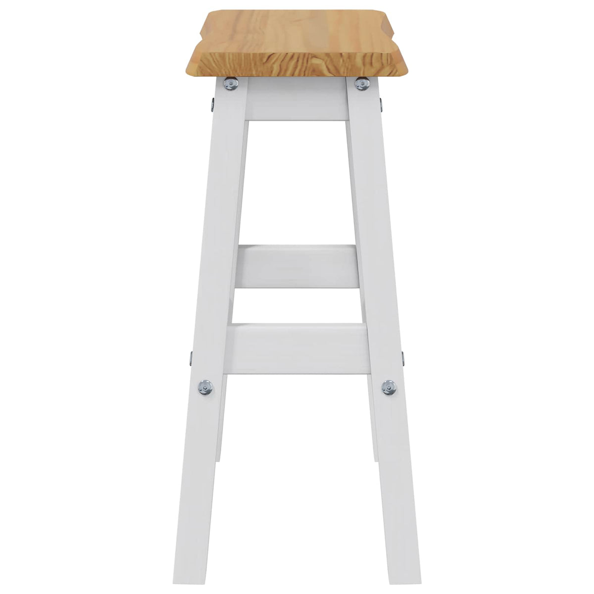 The white bar stool with a natural wood seat, side view